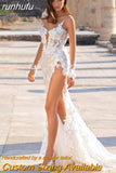 runhufu Boho Mermaid Wedding Dresses Lace Appliques 3D Flowers Spaghetti Straps Wedding Gown Country Bridal Dress Plus Size