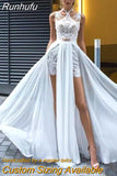Runhufu Sexy Side Split Halter Wedding Dress A-Line Sleeveless Lace Appliques Backless Sweep Train Chiffon Bridal Gown