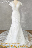 Runhufu Real Picture Deep V-Neck Appliques Cap Sleeves Tulle Mermaid Wedding Dress Illusion Back Court Train Bridal Gown
