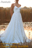 Runhufu V-Neck Spaghetti Straps sleevess Wedding Dress For Bride 2023 Lace Aqqliques Open Back A-Line Tulle Simple Bridal Gown