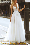 Runhufu Boho Wedding Dresses V-Neck Appliques Lace A-Line Tulle Wedding Gown Beach Simple Bridal Dress bestidos de novia 2023