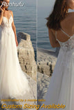 Runhufu Aviana Boho Lace Appliqué V-Neck Wedding Dress For Women A-Line Sleeveless Tulle Sweep Train Bridal Gown Robe De Mariée