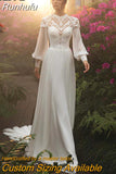 Runhufu Chiffon Long Puffy Sleeves Boho Wedding Dresses 2023 High Neck Lace Appliques Muslim Bridal Gown Vintage Vestido De Noiva