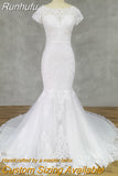 Runhufu Real Picture Deep V-Neck Appliques Cap Sleeves Tulle Mermaid Wedding Dress Illusion Back Court Train Bridal Gown