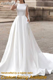 runhufu A Line Wedding Dresses Boho Soft Satin Beach Bridal Gowns O-Neck Lace Princess Party Gowns Long Sleeves Bride Dress 2023