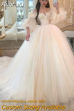 Runhufu Wedding Dresses with Detachable Puffy Sleeves Lace Appliques Pleated Long Boho Wedding Gown Champagne Bride Dress