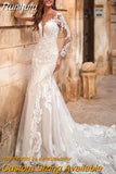 Runhufu V-Neck Mermaid Wedding Dress 2023 Long Sleeve Lace Appliques Bride Gown Backless Train Illusion Vestidos De Noiva