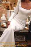 Runhufu Mermaid Wedding Dress Square Collar Long Sleeve Open Back Zipper Elegant Bridal Gown Sweep Train Vestidos De Noiva 2024