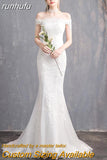 runhufu New Simple Mermaid Wedding Dress Off The Shoulder Floral Print Lace Up Bridal Dress Vestido De Noiva Plus Size Made Custom