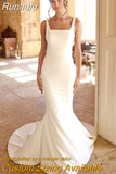 Runhufu Mermaid Wedding Dresses Women Open Back Square Collar Spaghetti Straps Satin Bridal Gowns Sweep Train Vestidos De Noiva