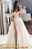 Runhufu Ladies Off Shoulder Lace Appliqué Beach Wedding Dress Boho Side High Slit Bridal Dress Sleeveless Robe De Mariée 2023 Noiva