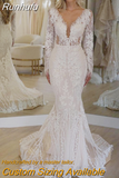 Runhufu Luxury Mermaid Wedding Dress V-Neck Long Sleeve Lace Appliques Backless Sweep Train Bride Gown Vestidos De Noiva