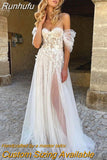 Runhufu Off The Shoulder Beach Wedding Dress 2023 Brides Modern Tulle Sweetheart Pleated Sleeves Boho Bridal Gown Illusion Summer