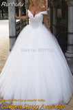 Runhufu the Shoulder A Line Wedding Dresses Tulle Sweetheart Lace Up Vestido De Noiva Lace Appliques Bridal Gown Court Train