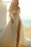 Runhufu The Shoulder Princess Wedding Dress Puff Sleeve Lace Sweetheart Neck Boho Bride Dress Side Split Wedding Gowns vestido novia