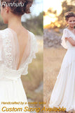 Runhufu V-Neck Wedding Dresses Chiffon A Line Short Sleeves Backless Floor Length Ruffles Beach Bridal Gowns Bohemian Simple Summer
