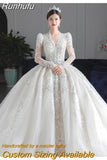 Runhufu Sleeved Winter Wedding Dress 2023 New V Neck Luxury Long Sweep Train Beading Princes Wedding Gown Vestido De Noiva