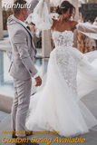 Runhufu Bohemian Sweetheart Wedding Dress With Detachable Sleeve Lace Up Beach Backless Bride Gowns Appliques Train Robe de mariée