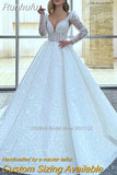 Runhufu V-Neck A-Line Wedding Dresses Long Puff Sleeves Lace Appliques Floor Length A-Line Princess Bridal Gowns