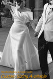 Runhufu V-Neck Off The Shoulder Wedding Mermaid Dress Sleeveless Satin Bohemian Bride Gown Traped Train Vestido De Novia