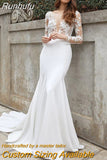 Runhufu Sexy Deep V-Neck Wedding Dres Long Sleeve Backless Modern Mermaid Bride Gown Illusion Zipper Button Vestido De Novia