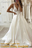 Runhufu Deep V Neck Wedding Dress 2023 Boho Vestido De Noiva White Satin A Line Bridal Gowns Simple Appliques Back Less With Pocket