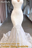 Runhufu Lace Applique Sleeveless Mermaid Wedding Dress For Bride 2023 Backless Elegant Spandex Bridal Gown V-Neck Spaghetti Strap
