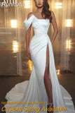 Runhufu Satin White Mermaid Wedding Dresses 2023 Thigh High Slits Bridal Gown One Shoulder Pearls Garden Robe de soiree de marige