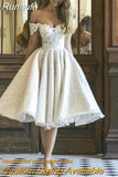 Runhufu Short Glitter Wedding Dresses Tea-Length Off Shoulder Elegant Women Bridel Gowns Lace Applique Shiny Princess Wedding