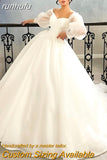 runhufu White Wedding Dresses Simple Puff Sleeves A-Line Sweetheart Wedding Gowns Boho Bridal Dress