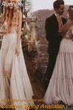 Runhufu Deep V-Neck Wedding Dresses Nude Champagne Ruffles Tulle Sleeveless Bridal Gowns A Line Sexy Country Style Robe De Mariee