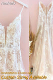 runhufu Lace Wedding Dress V-Neck Open Back Boho Wedding Gown Simple Spaghetti Straps Blush pink Beach Bridal Dress Robe De Mariee