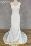 Runhufu Real Picture Simple V-Neck Sleeveless Spaghetti Crepe Mermaid Wedding Dress Open Back Court Train Bridal Gown