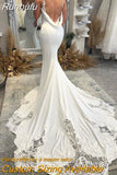 Runhufu Deep V-Neck Sleeveless Crepe Mermaid White Wedding Dress 2023 Spaghetti Straps Backless Lace Bridal Gown Custom Made