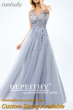 runhufu A-line Gray Formal Occasion Dress With Slit Lace Prom Dresses For Women Party Wedding Evening A-line Bridesmaid Gown