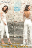 Runhufu Sexy Tulle Wedding Jumpsuit With Sweep Train Elegant Long Sleeves Scoop Neck Lace Appliques Open Back Pants Suits For Bride