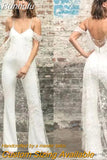 Runhufu V-Neck Wedding Jumpsuit Lace Applqiues Tulle Backless Pants Sets For Brides Zipper Off The Shoulder Vestidos De Novia