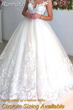Runhufu Gown Illusion Scoop Wedding Dresses with Cap Sleeves Sexy Sleeveless V Back Lace Appliques Bridal Gowns Robe de Mariee