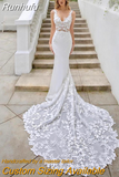 Runhufu Dress Mermaid V-Neck Tank Backless Lace Appliques Sequined Tulle Floor Length Sweep Train Gorgeous Bride Gown 2023