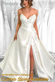 Runhufu White A-Line Wedding Dresses Sweetheart Satin Side Slit Bridal Gowns Boho Beach Sweep Train Wedding Prom Gowns Custom Size