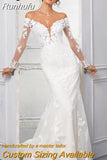Runhufu Off The Shoulder Wedding Dresses V-Neck Tulle Lace Appliques Mermaid Bride Gowns Button Zipper Train Vestidos De Noiva