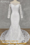 Runhufu Real Picture O-Neck Appliques Long Sleeves Crepe Mermaid Wedding Dress Illusion Back Court Train Bridal Gown