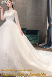 runhufu Vestido de Noiva Half Sleeve Royal Train Custom Wedding Dress High Neck Applique Lace Bridal Ball Gown Dress Robe De Mariee