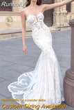 Runhufu Sexy Sweetheart Wedding Dress Sleeveless Lace Appliques Mermaid Boho Backless Bride Gown Spandex Train Vestido De Novia