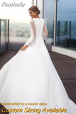 Runhufu NICEB Modern Satin Wedding Dress with Illusion Long Sleeves O-neck Dubai Sexy Side Slit Bridal Gowns vestido de novia