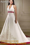 Runhufu Ivory and Royal Blue A Line Wedding Dresses Halter Neck Embroidery beading Court Train Lace Up Bridal Gowns Custom Made 925