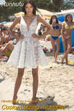 Runhufu Beach Wedding Dress Lace A Line Mini Vestido de novia Deep V Neck Elegant Boho Bride Dresses Open Back White Custom Made
