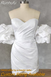 Runhufu Real Picture Off-Shoulder Puff Sleeves Pleats Short Wedding Dress Sheath Above Knee Mini Bridal Gown Custom Made