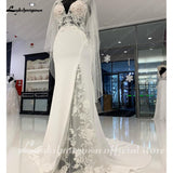 runhufu Lace Soft Satin Mermaid Wedding Dress Sexy Bridal Gowns Side Split Pluning V Neck 2023 Vestido De Noiva