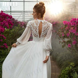 Runhufu Wedding Dress Boho Lace Vintage High Neck Chiffon Long Sleeve Bridal Gown Applique A Line Illusion Vestido De Casamento